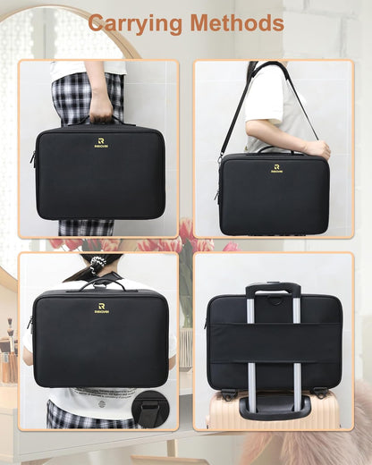 Relavel Makeup Case Large Makeup Bag Professional Train Case 16.5 inches Travel Cosmetic Organizer Brush Holder Waterproof Makeup Artist Storage Box, 3 Layer Large Capacity, with Adjustable Strap
