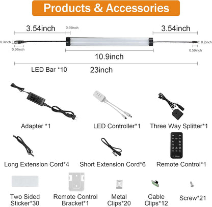 Under Cabinet Lights Kit, LED Smart Dimmable Strip Lighting Fixtures, 24V Plug in Linkable Bar LED Counter Lights for Pantry, Kitchen, Shelf, Bookcases, Showcase (10 PCS, Cold White)