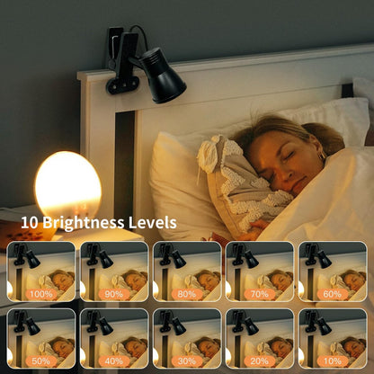 LUJOLUMIN Clip Lamp, Mini Portable 360° Rotation Clamp on Lamp for Bed/Bedside Headboard/Table/Bunk/Desk/Shelf, 3 Color Temperature Options, 10 Dimmable Brightness Levels for Reading (5W)