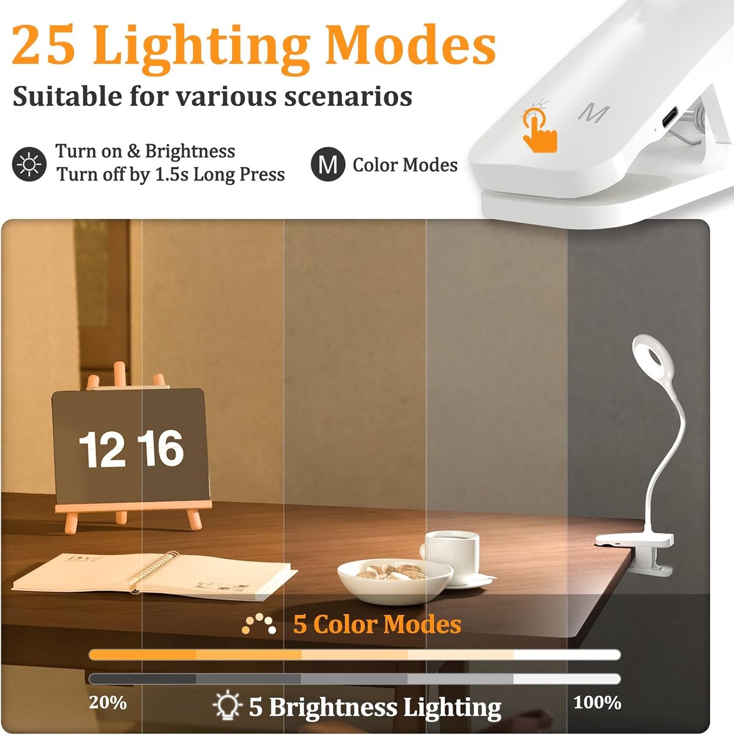 Clip on Light Rechargeable with Large Clamp, Battery Operated Bed Headboard Reading Lamp - 5 Colors 5 Brightness, Flexible Arm Book Light at Night for Kids Desk Bunk Metal Bed Frame (Black)