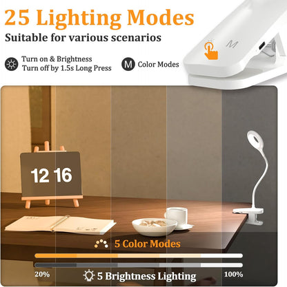 Clip on Light Rechargeable with Large Clamp, Battery Operated Bed Headboard Reading Lamp - 5 Colors 5 Brightness, Flexible Arm Book Light at Night for Kids Desk Bunk Metal Bed Frame (Black)