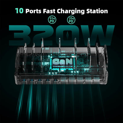 420W Charging Station for Multiple Devices, Zobirez 10-Port USB C Fast Charger Stations for MacBook, iPhone, Android Cell Phone, iPad, Tablet, Family Multi-Device Organizer Charging Dock, White