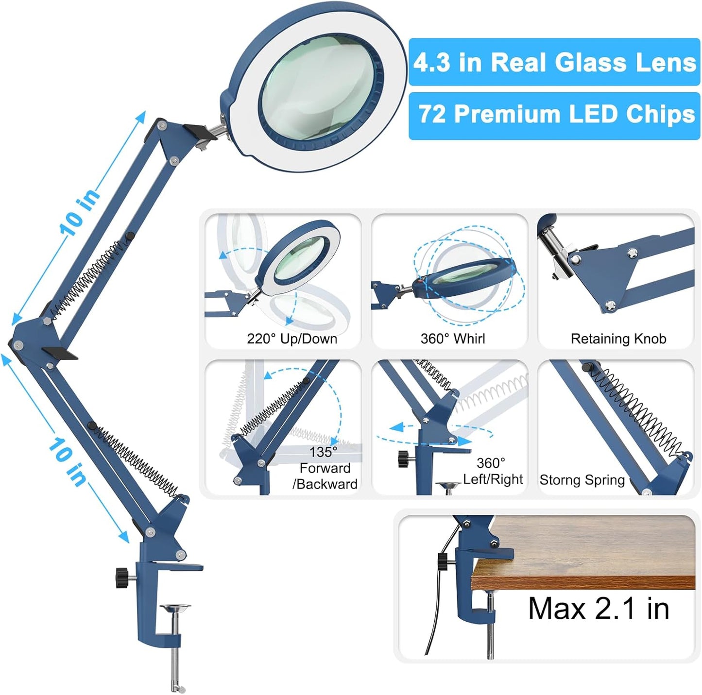 Coyeth 10X Magnifying Glass with Light and Clamp, Real Glass Stand Lighted Magnifier, 5 Color Modes Stepless Dimmable LED Desk Lamp Hands Free for Crafts Hobby Reading Painting Sewing Close Work