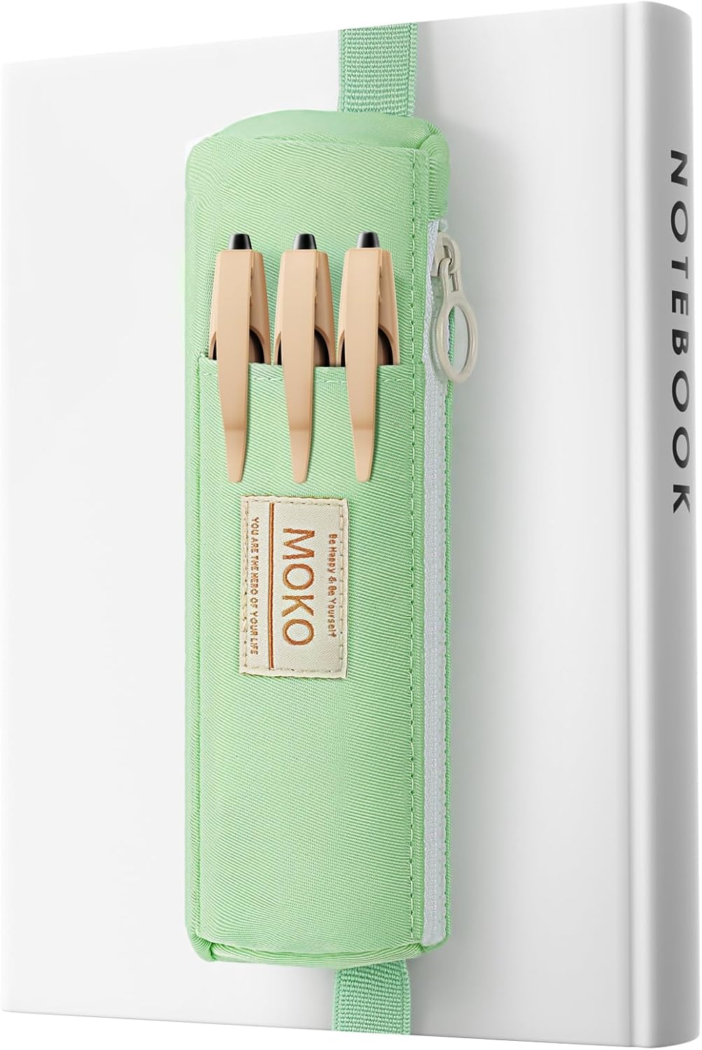 MoKo Pen Holder for Notebook, Pencil Pouch with Adjustable Elastic Band, Slim Portable Zipper Pen Pouch Holder for Planners, Journals, Book, Pink