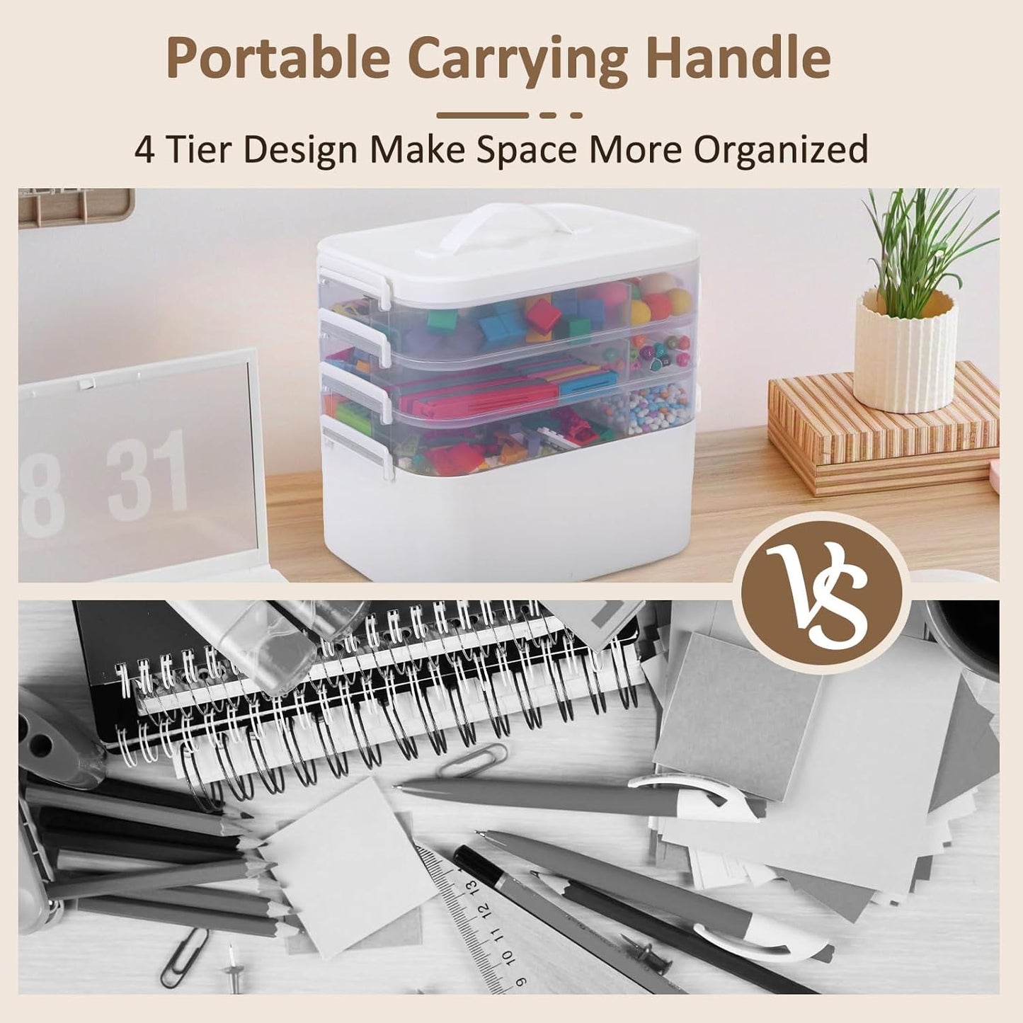 3-Layer Plastic Craft Organizers and Storage Box with Removable Trays, Storage Containers with lids and Handle, Art Supply Storage Organizer for Bead, Ornament, Nail Polish, Tape（10.62"x9"x7.67"）