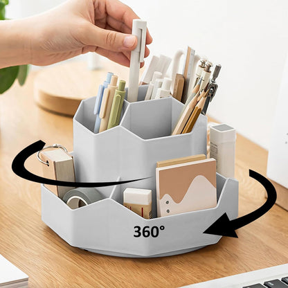 Rotating Desk Organizer, 360° Rotating Pencil Pen Holder for Desk, Desk Organizers and Accessories with 11 Slots Pencil Organizer, Art Supply Storage Box Caddy for Office (Beige)