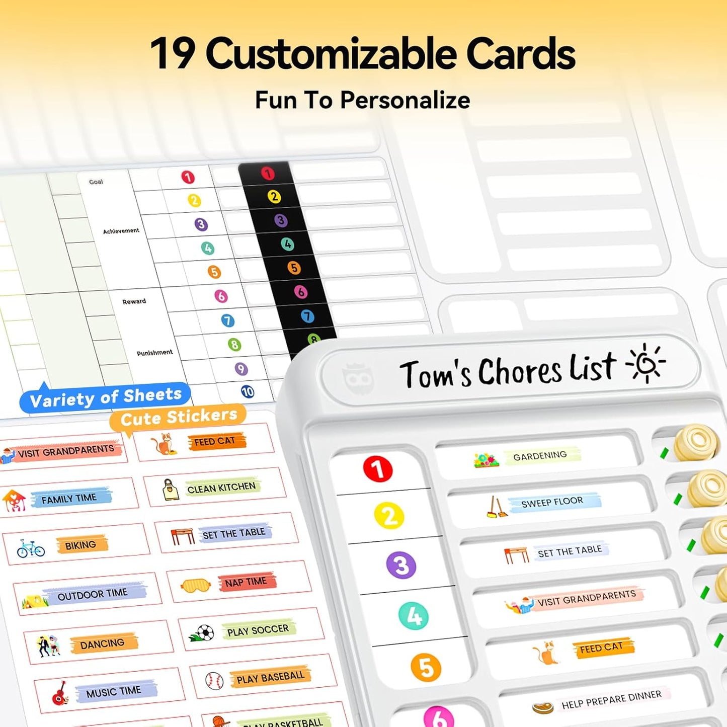 Chore Chart for Kids, Checklist Planning Board with Sliders, 19 Personalizable Sheets and Magnetic Marker, ADHD Tools for Kids to Do List Routine Chart Visual Schedule Board with Stand
