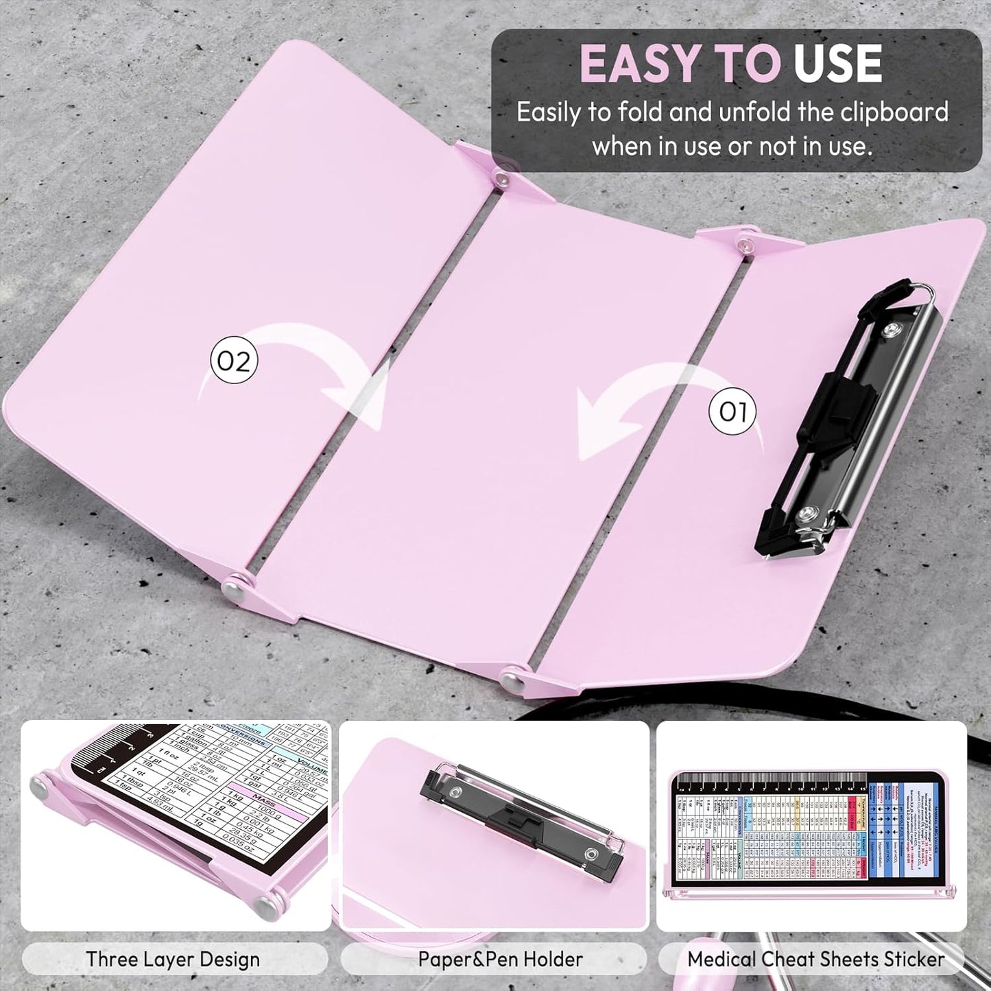 Nursing Clipboard Foldable, Foldable Clipboard w/Nursing Edition Cheat Charts,3 Layers Aluminum, Nurse Clip Board w/Low Profile Clip&Pen Clip Pocket for Nurses and Doctors,Light Blue