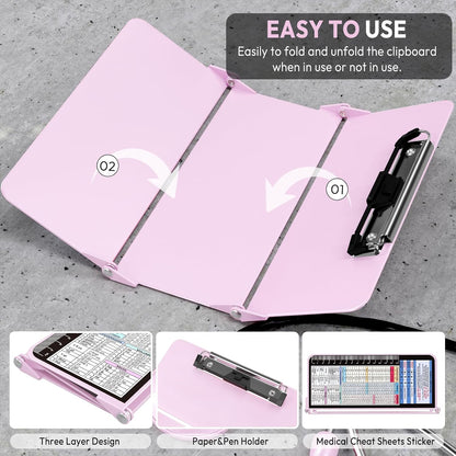 Nursing Clipboard Foldable, Foldable Clipboard w/Nursing Edition Cheat Charts,3 Layers Aluminum, Nurse Clip Board w/Low Profile Clip&Pen Clip Pocket for Nurses and Doctors,Light Blue