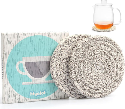 4.8" Drink Cotton Coasters Set of 2 – Boho Woven Drink Pads for Coffee & Tea, Neutral Sandstone Blend Fabric Cup Mats for Desk, Table, Nightstand, Dorm, Giftable Absorbent Coaster Set (Latte)