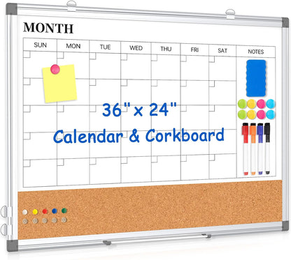 Weekly Dry Erase Calendar Whiteboard for Wall, 24" x 18" Double-Sided Weekly Planner White Board Cork Combo, Hanging & Wall Mount Week Bulletin Board with Notes for Home, Office, School, Kitchen