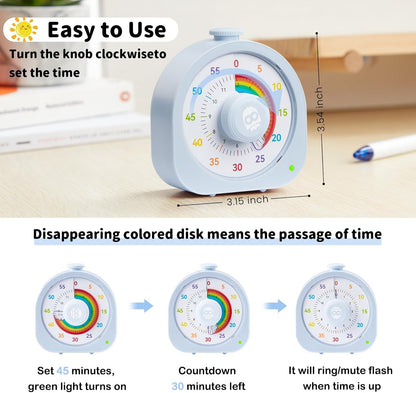Visual Timer for Kids and Adults 60 Min/12 Hour Rechargeable Countdown Timer with Magnetic Sticker and Mute Function Kids Pomodoro Timers for Classroom Office Kitchen Silent Operation & Rainbow Disk