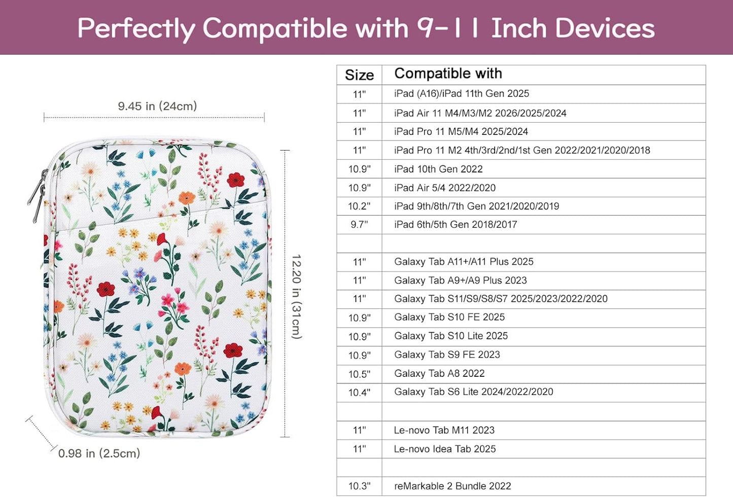 Dadanism 9-11" Tablet Sleeve Bag Carrying Case for iPad (A16) 11th Gen 11", iPad 10th Gen 10.9" Air 5/4, iPad Air M4/Pro 11", iPad 9/8/7th, Galaxy Tab A11+ Plus 11", Remarkable 2 10.3", Black