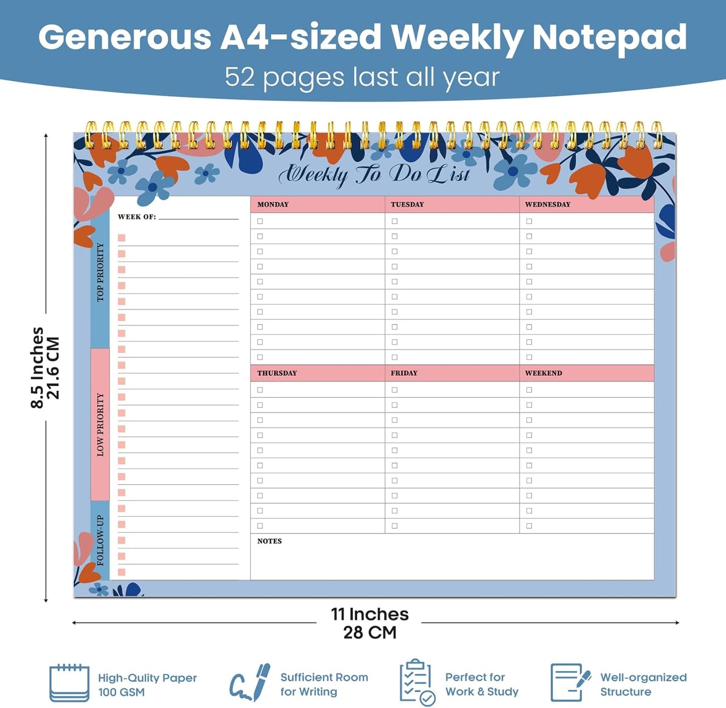 Weekly To Do List Notepad with 52 Undated Sheets（8.5"×11"）- Undated Weekly Planner Notepad for Office Desk Accessories and Supplies - Midnight Lilac