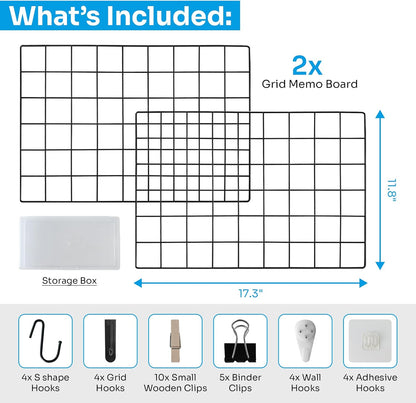 CIKLCIX Metal Grid Wall Panel, Wire Grid Photo Display Organizer, 17.3"×11.8" Gold Wire Board Grid Wall, Grid Picture Frame, 2-Pack Wire Mesh Memo Board With Clips and Hooks