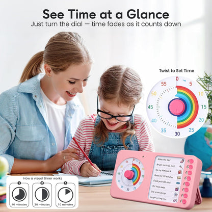 2-in-1 Visual Timer with Task Board for ADHD & Autism, Dry Erase Chore Chart and Visual Schedule for Kids & Adults, Rainbow Countdown Timer for Classroom, Home, Homeschool (White)