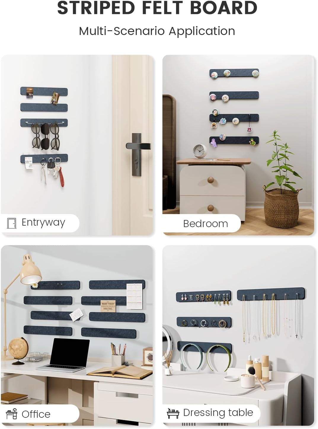 Fluxynara Cork Board Alternative Felt Strip Board 8-Pack 13"x2", Office Pin Board with 50 Push Pins, Adhesive Install for Bedroom Door & Home Office(Linen Dusk)