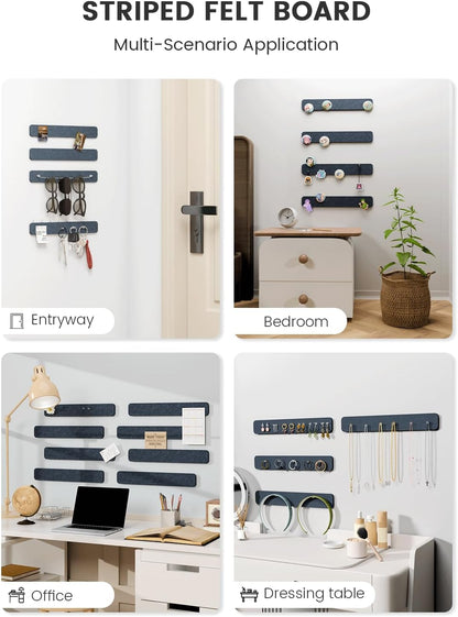 Fluxynara Cork Board Alternative Felt Strip Board 8-Pack 13"x2", Office Pin Board with 50 Push Pins, Adhesive Install for Bedroom Door & Home Office(Linen Dusk)