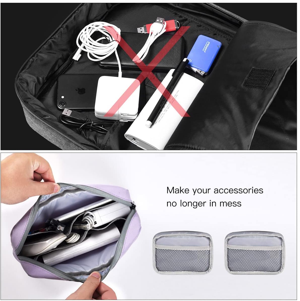 imComor Universal Electronics Accessories Case, 2-Pack Portable Soft Carrying Case Bag Wire Cable Organizer for Hard Drive, Power Adapter, Laptop Mouse, Cosmetics Kit, Small+Big-Black