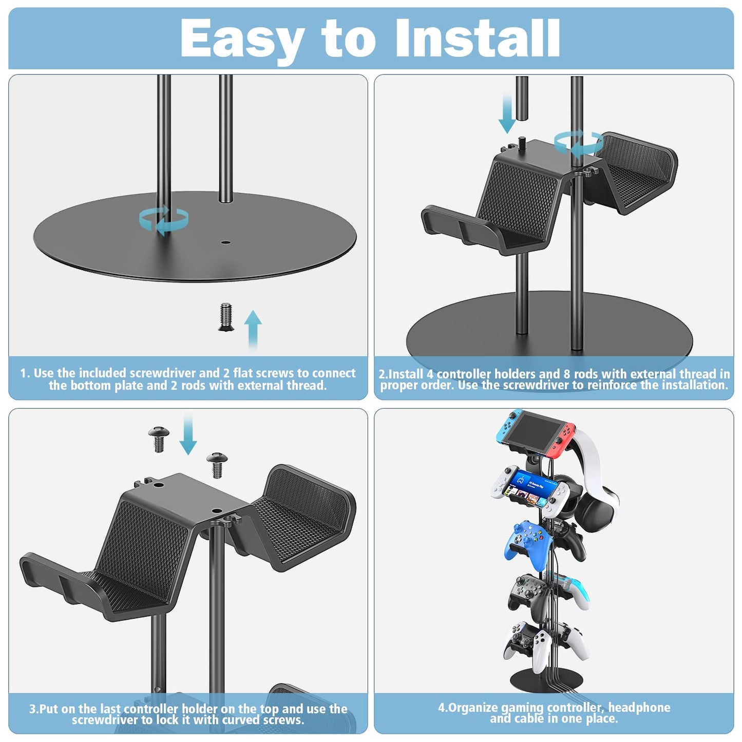 Kytok Controller Stand 4 Tiers with Cable Organizer for Desk, Universal Headphone Stand Compatible with Xbox PS5 PS4 Console Nintendo Switch, Headset Holder & Desk Mounts for 8 Packs Controller