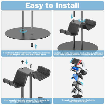 Kytok Controller Stand 4 Tiers with Cable Organizer for Desk, Universal Headphone Stand Compatible with Xbox PS5 PS4 Console Nintendo Switch, Headset Holder & Desk Mounts for 8 Packs Controller