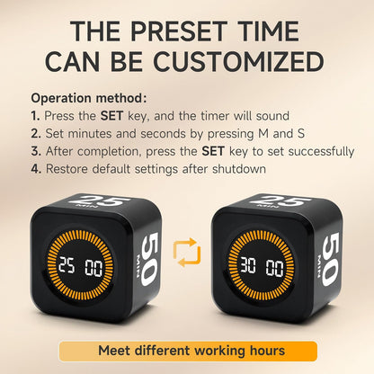 Rotating Productivity Timer 5, 25, 10, 50 Minutes Preset, Desk Cube w/Gravity Sensor for ADHD, Mute Functions, Ideal for Work, Study, Kitchen, Back to School (1, Wood Grain Finish)