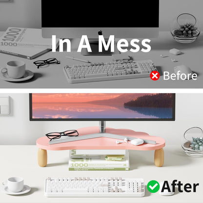 AFOOYO Monitor Stand Riser,Cloud-Shaped Sturdy Wood 16.5In Computer Monitor Riser Wirh Drawer, Multi-Purpose Desktop Organizer Riser for Computer,Laptop,Printer,TV,White