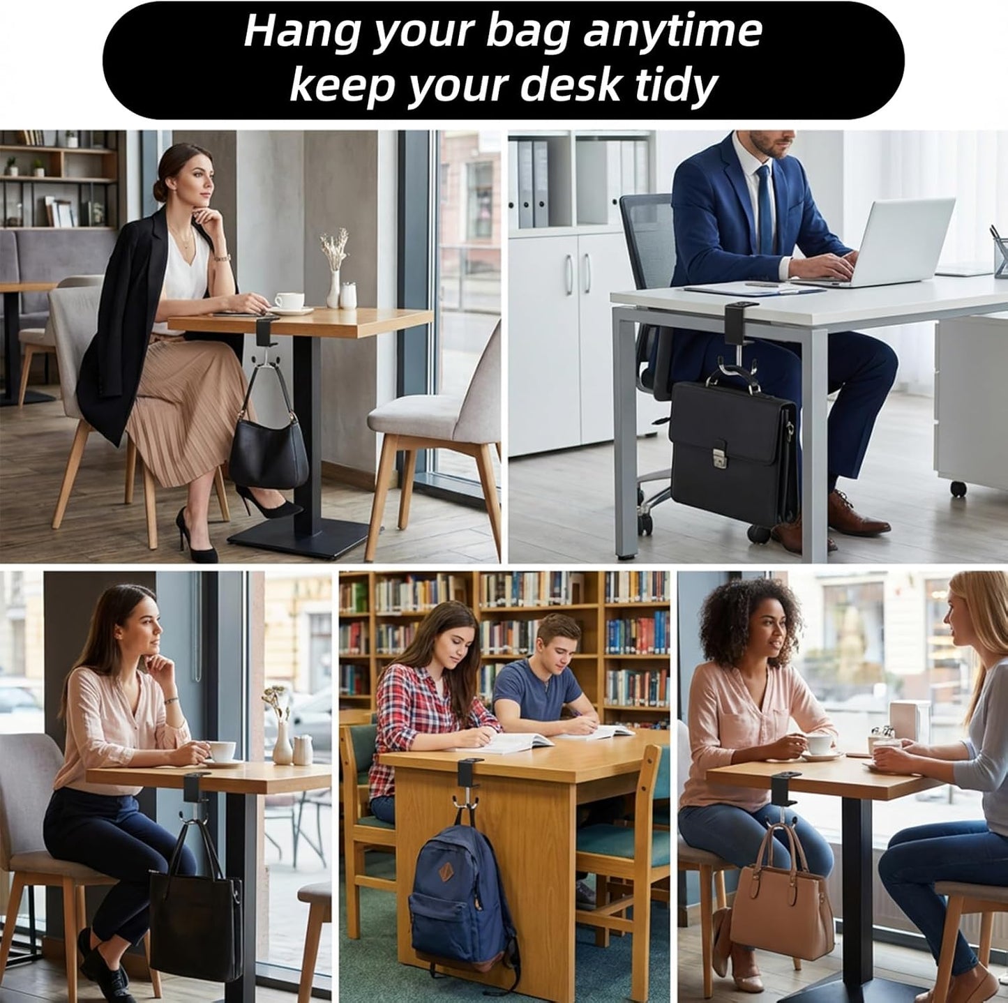 2PCS Heavy-Duty Purse Hooks for Table and Desk, Clamp-On Under Desk Hooks, Table Alloy Hanger, Adjustable Desktop Bag Hook for Handbag, Backpack, Headphone, Umbrellas, Office-Table Accessories (Black)