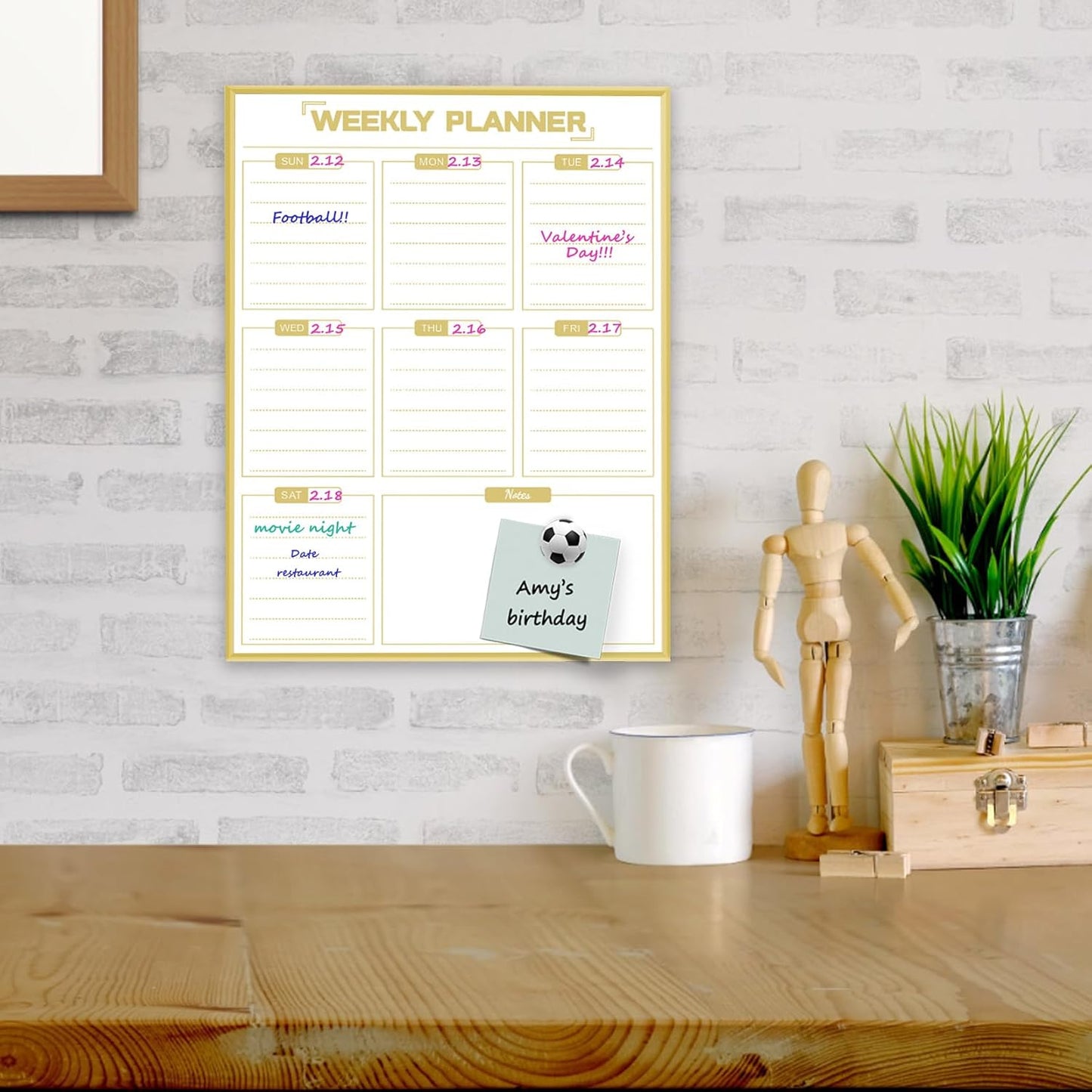 Dry Erase White Board Weekly Calendar Board, Magnetic Whiteboard for Wall,Gold Aluminum Frame Message Board,Vertical, Planner Board for Office, Home, School