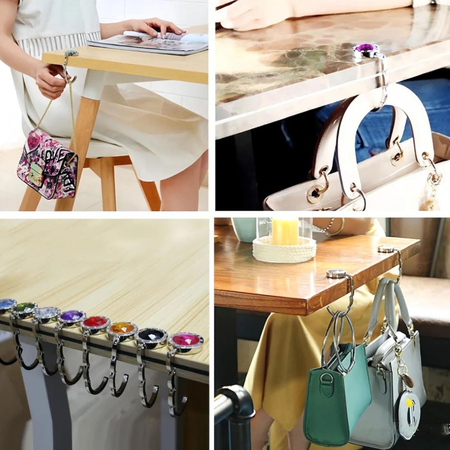 6 PCS Crystal Handbag Hooks for Tables, Portable Folding Purse Hanger, Non-Slip Bag Holder for Restaurant Office Home, Magnetic Closure, Alloy Metal, Easy to Carry