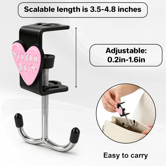 AULEEP 2 Pack Clamp-On Under Desk Bag Hook, Adjustable Purse Holder for Table with Cute DIY Stickers, 100 lbs Capacity Heavy-Duty Desk Organizer Hooks for Handbag, Backpack, Headphone, Black