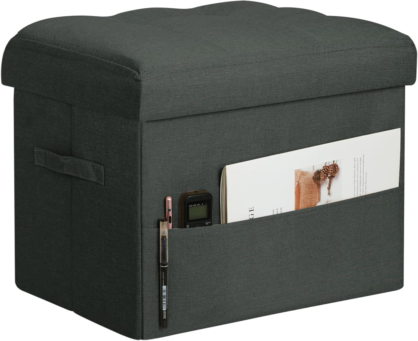 Storage Ottoman with Extra Thick Foam Padded Seat, Foldable Foot Rest Stool with Linen Fabric, 43L Ottoman with Storage Bench for Bedroom Living Room, Holds Up to 300lbs, 17x13x13in, Dark Gray
