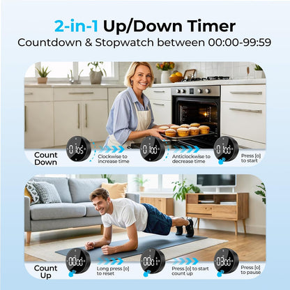 Digital Kitchen Timer with Magnetic, Large LED Display Countdown/Countup Timer, Pomodoro Preset 5/15/25 Mins, Volume & Brightness Adjustable for Cooking Baking Working Studying Silver