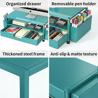 ECOLOVI Desk Organizer and Accessories, 2-Tier Computer Monitor Stand Rise with Storage Drawer & 2 Pen Holders, Laptop & Printer Stand for Desktop, Workspace Organizers for Office Supplies (Brown)