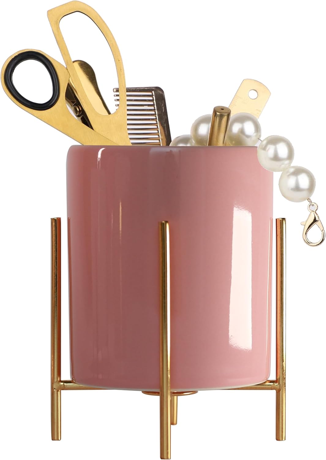 Gold Pencil Cup Sturdy Metal Frame With White Ceramic Pen Holder For Desks and kitchen Appliance Holders