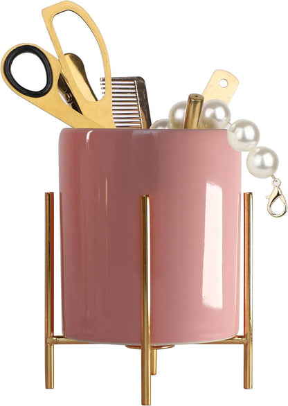 Gold Pencil Cup Sturdy Metal Frame With White Ceramic Pen Holder For Desks and kitchen Appliance Holders