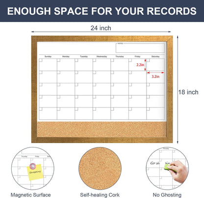 Calendar Whiteboard for Wall, TANKEE 17x13 Inches Whiteboard Calendar Cork Board Combo, Small Magnetic White Board with Wood Framed, Hanging Dry Erase Board for Kitchen Home Office School Planner