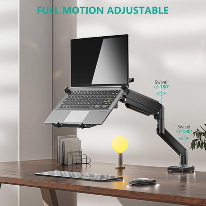 WALI Laptop Desk Mount for 17 inch Notebook, Adjustable Single Monitor Arm with Laptop Holder for 32 inch Screen, Laptops Stand with Ventilated Tray, Up to 22 lbs, (M00LP), Black