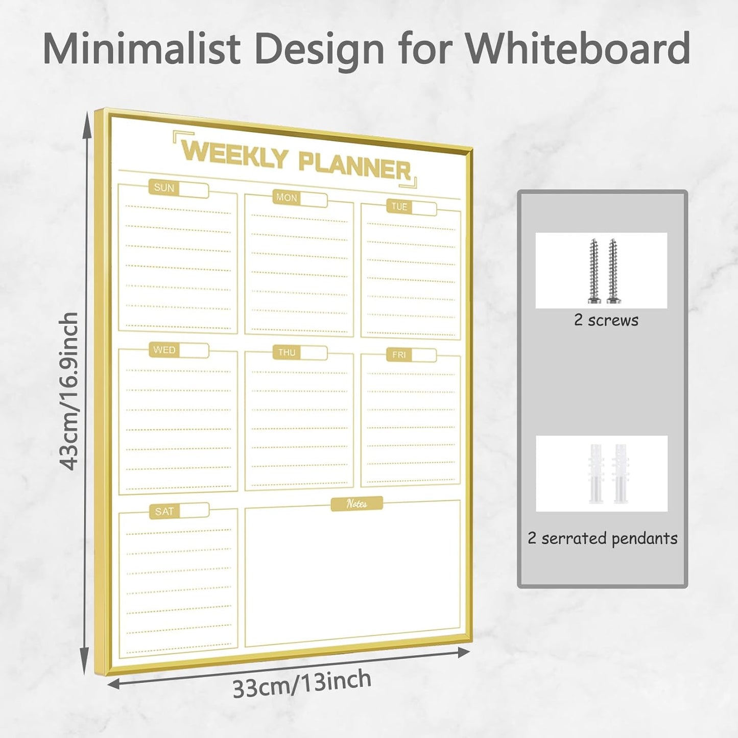 Dry Erase White Board Weekly Calendar Board, Magnetic Whiteboard for Wall,Gold Aluminum Frame Message Board,Vertical, Planner Board for Office, Home, School