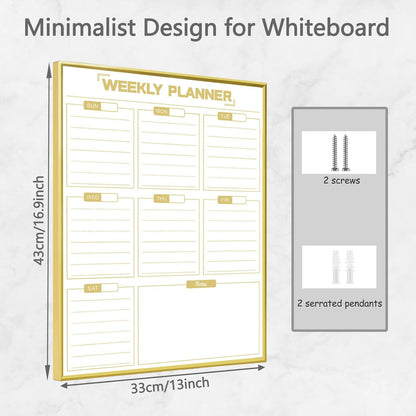Dry Erase White Board Weekly Calendar Board, Magnetic Whiteboard for Wall,Gold Aluminum Frame Message Board,Vertical, Planner Board for Office, Home, School