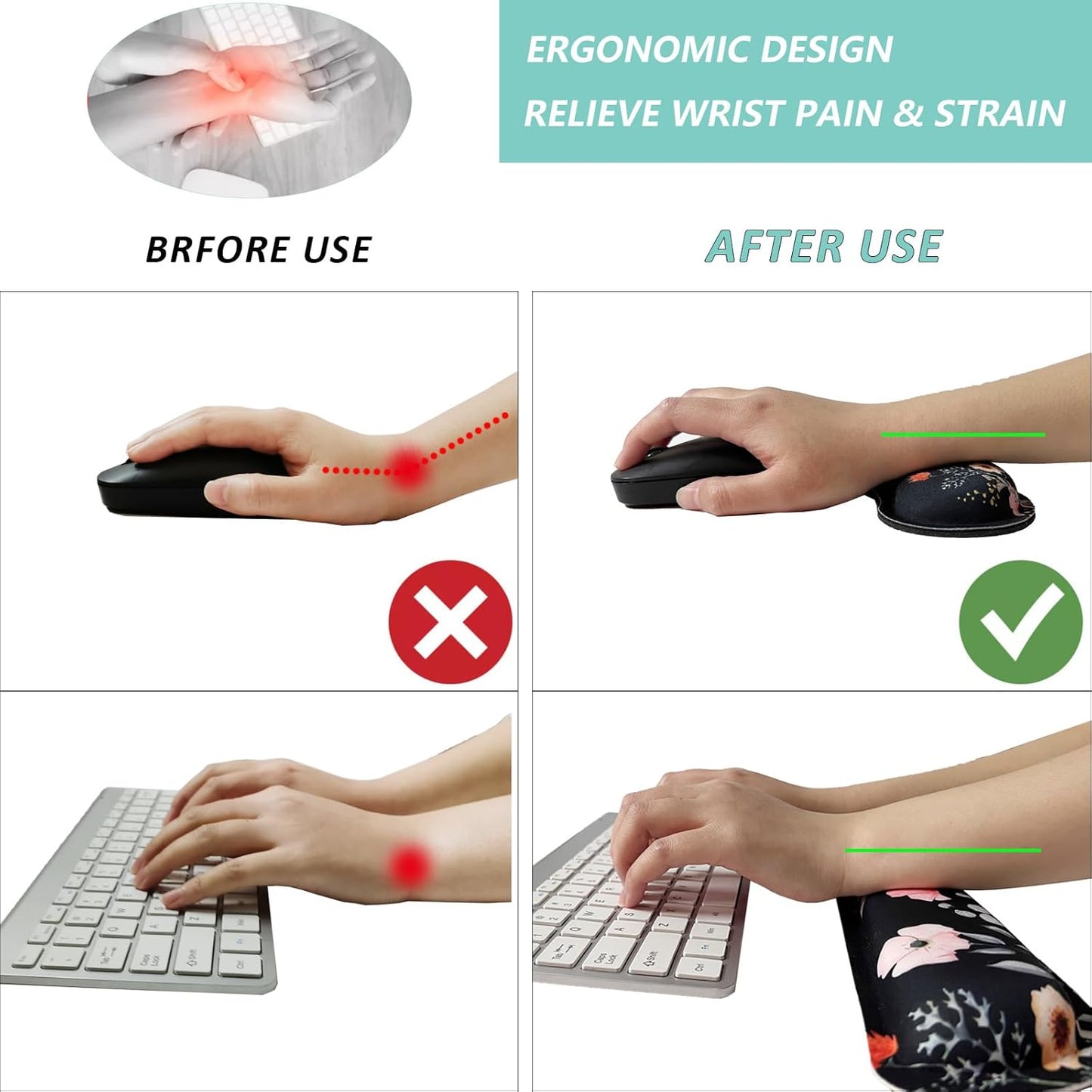 Keyboard Wrist Rest Mouse Wrist Support Set, Memory Foam Wrist Rest Pad for Computer Laptop Keyboard Mouse, Ergonomic Wrist Cushion Support for Typing Pain Relief, Gaming Home Office, Flowers Grass