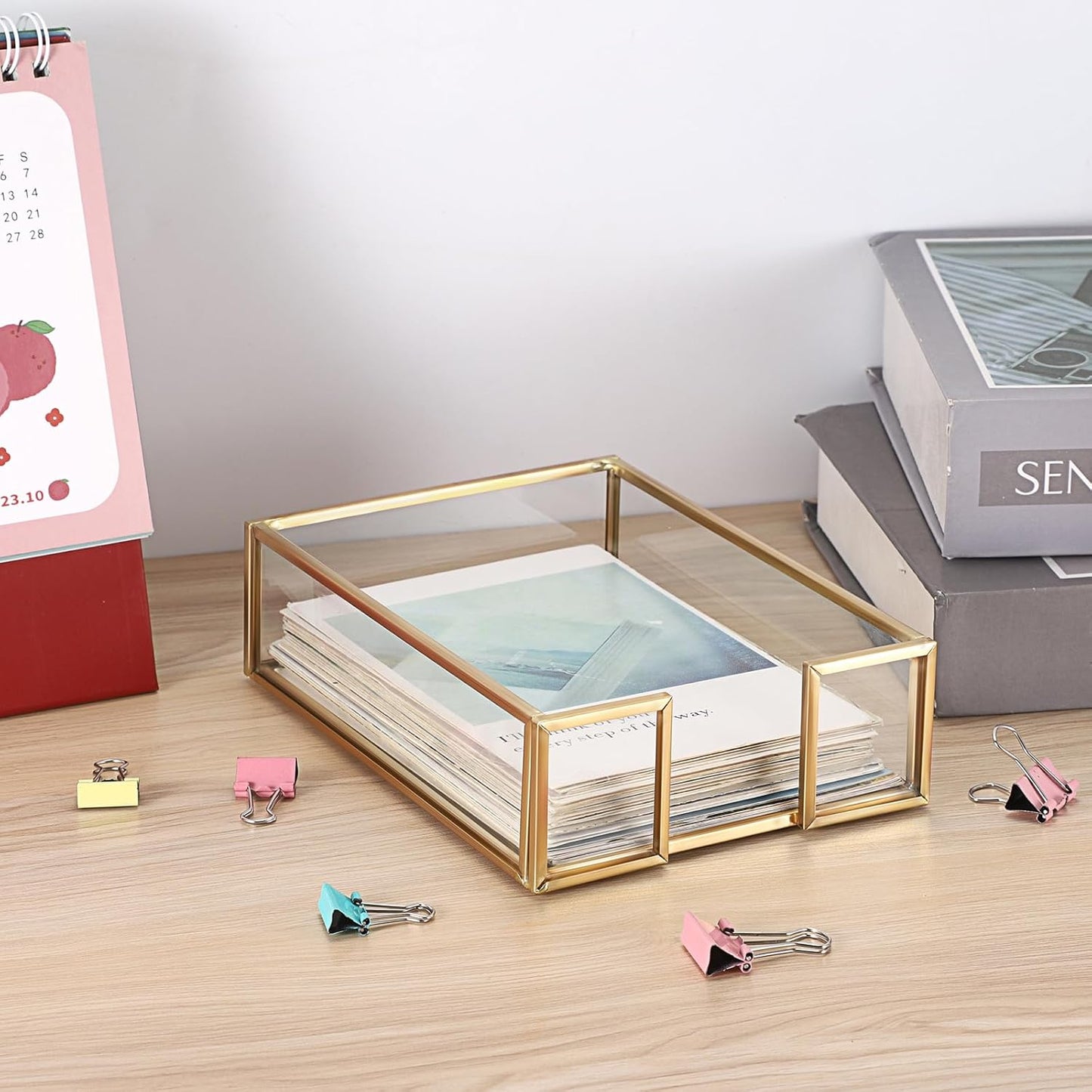 BTSKY Golden Glass Sticky Note Holder for 3x3 Inch Sticky Notes, Elegant Post It Note Dispenser with Non-Slip Pads Clear Notepad Holder for Desk Organization Planning, Home Office Decor