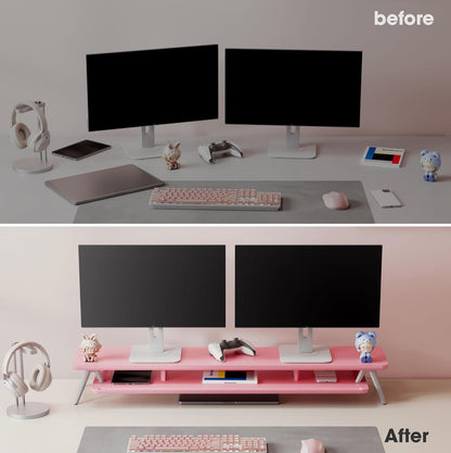 Fenge Dual Monitor Stand, Monitor Stands Riser for 2 monitors, 42.5 Inch Wood Desk Shelf with Storage Organizer and Cable Management for Office Desk Accessories