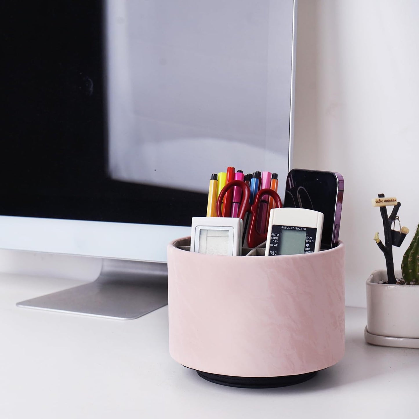 Round Leather Art Supply Organizer,Remote Control Holder,360 Degree Rotating,Multi-Functional Pencil Holder,4 Compartments Desktop Stationary Organizer(1-Fractal Flower) | Round - Colors B