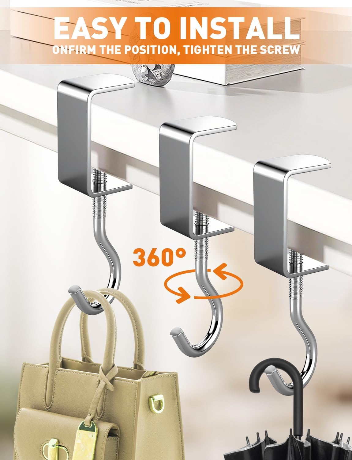 7 Pcs Purse Hooks for Table, Under Desk Handbag Hanger, Adjustable Heavy Duty Metal Backpack Hooks for Desk