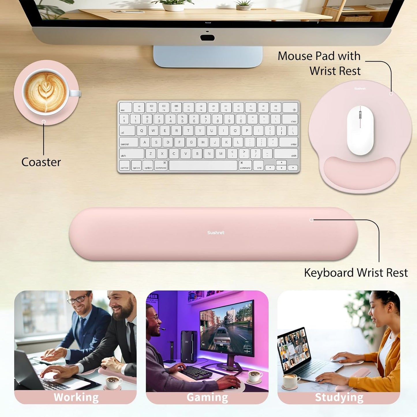 Sushret Mouse Pad and Keyboard Wrist Rest, 3-in-1 Gel Memory Foam Ergonomic Mouse Pad with Wrist Rest Set,Gaming Mousepad Arm Cushion Support for Computer Office Desk Accessories Cute Setup,Sage Green