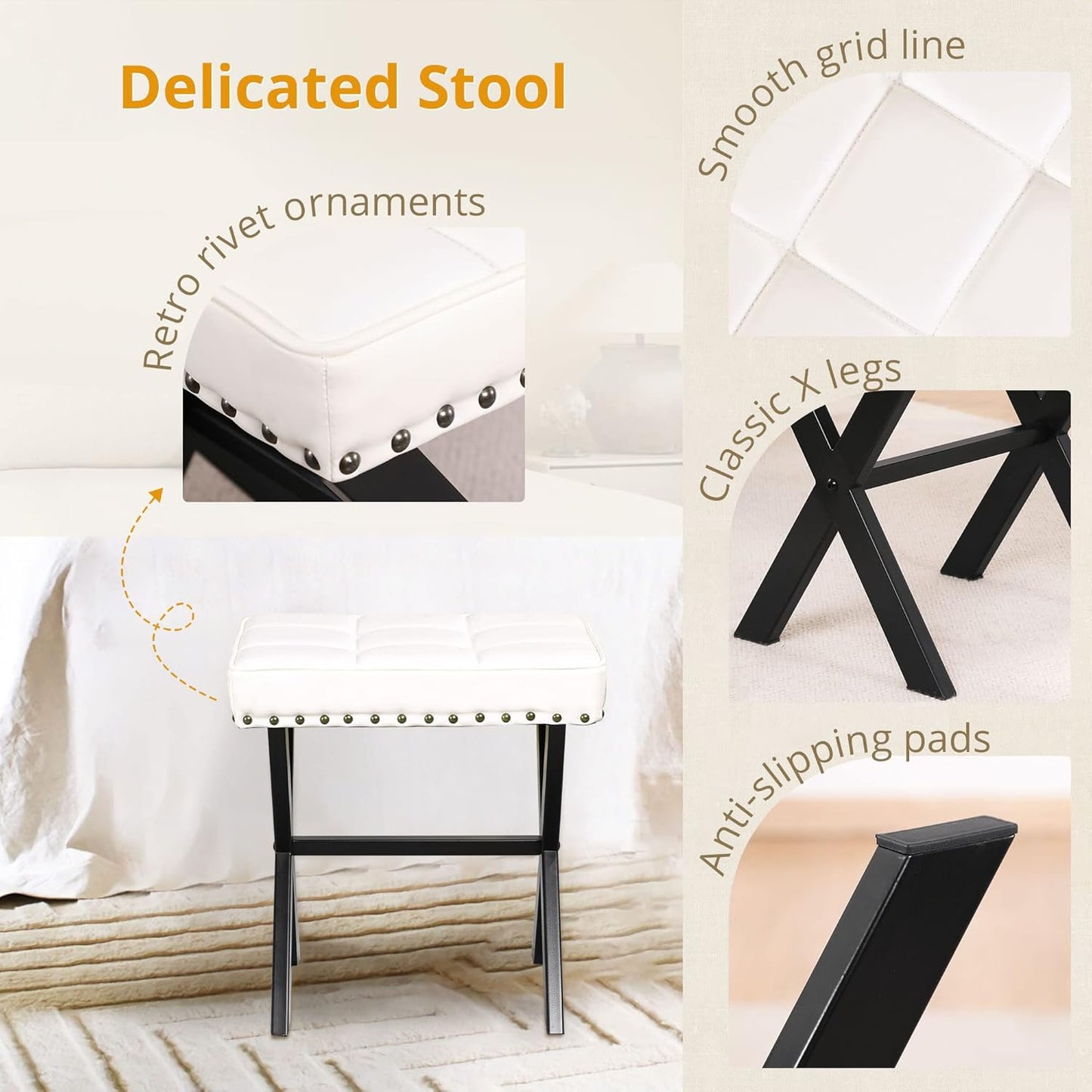 LUE BONA Square Linen Makeup Stool, Metal X Legs, Small Ottoman Stool Chair for Vanity, Modern Padded Seat Foot Rest for Makeup Room, Bathroom