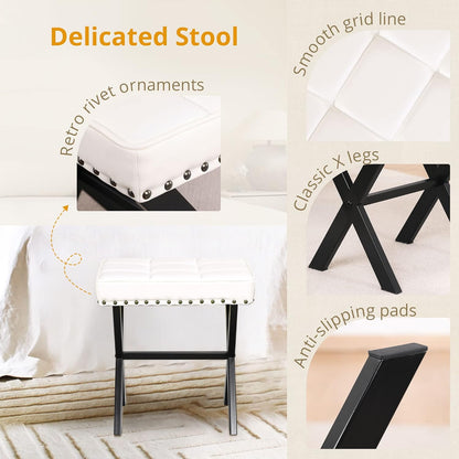 LUE BONA Square Linen Makeup Stool, Metal X Legs, Small Ottoman Stool Chair for Vanity, Modern Padded Seat Foot Rest for Makeup Room, Bathroom
