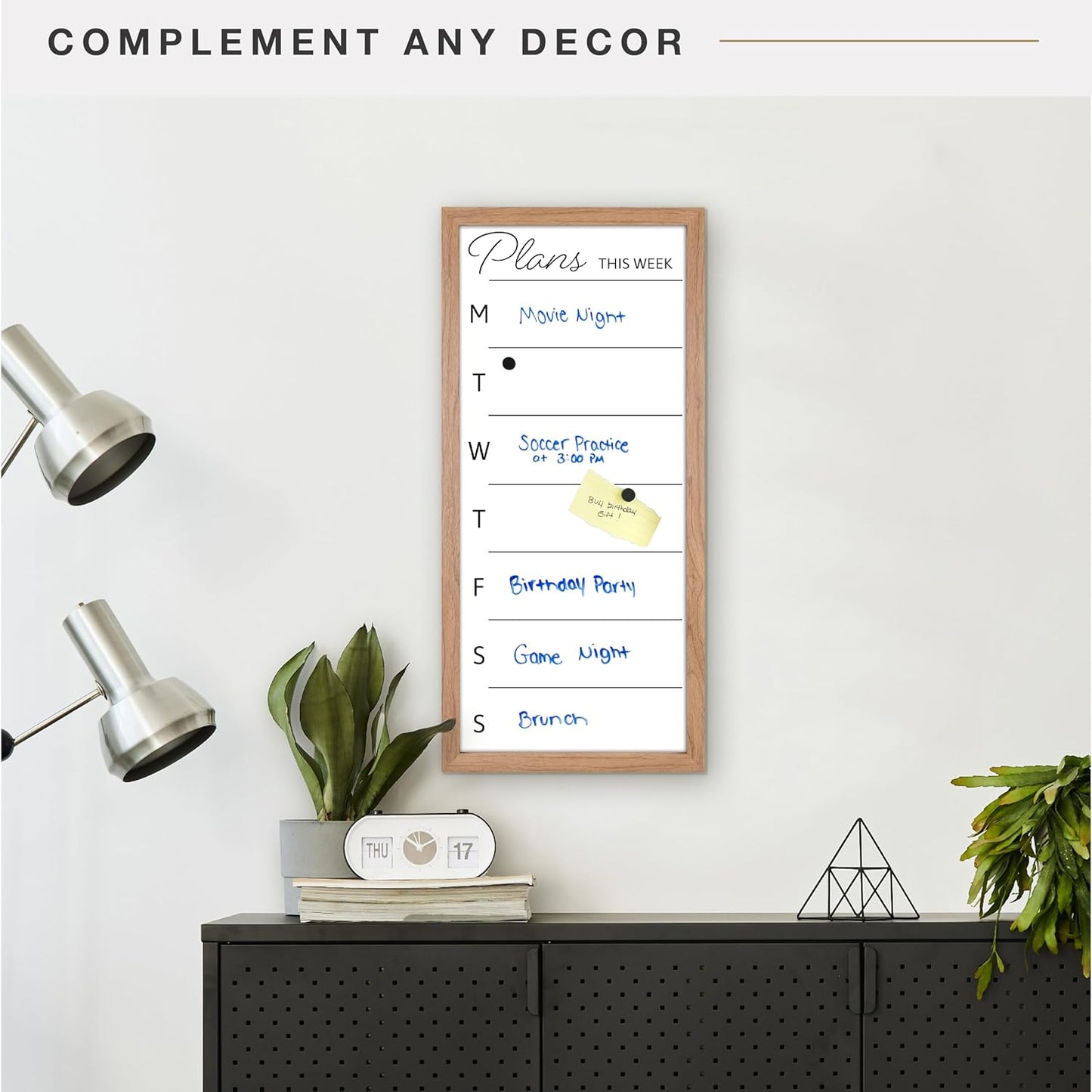 MCS Dry Erase Weekly Planner 11x24 Walnut Framed Calander Whiteboard for Wall, Plan Your Week with Family Weekly Planner for Dinners, Sports, Events & More