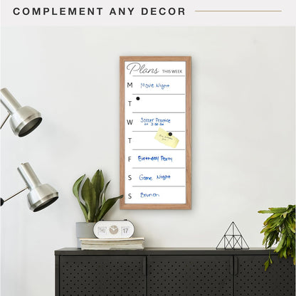 MCS Dry Erase Weekly Planner 11x24 Walnut Framed Calander Whiteboard for Wall, Plan Your Week with Family Weekly Planner for Dinners, Sports, Events & More